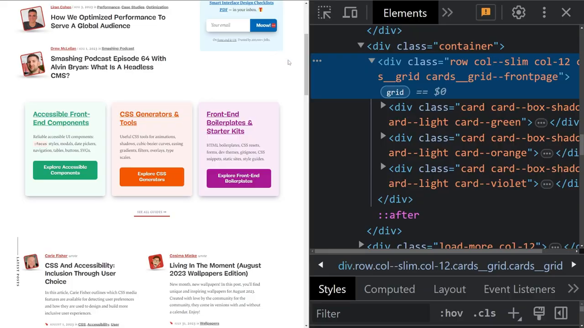 Devtools inspecting the markup of a section of Smashing magazine, showing the use of divs in multiple places